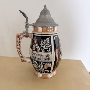 Vintage German Beer Stein Pewter Lid West Germany .5lt 1950s - 1970s